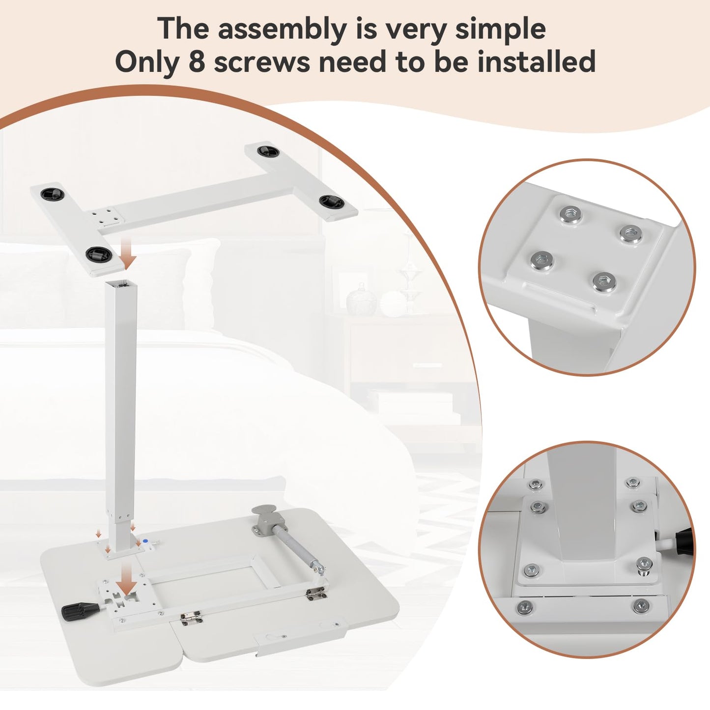 Kaixin Rabbit Height Adjustable Overbed Table，has Hidden Wheels and a Rotatable Tabletop，Can Be Used for Home Offices and Hospitals(White)