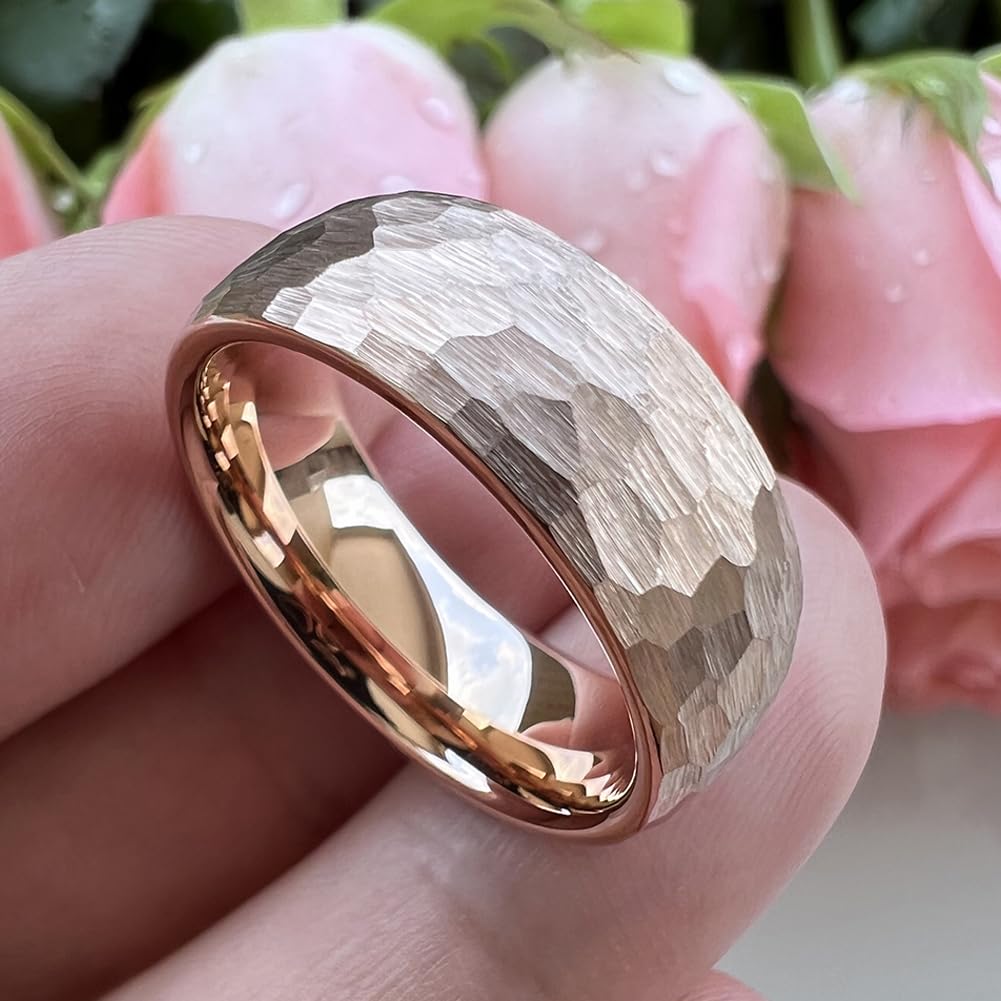 TUTISS 8mm Rose Gold Hammered Tungsten Rings for Men Women Engagement Wedding Bands Domed I Love You Engraved Comfort Fit Size 7