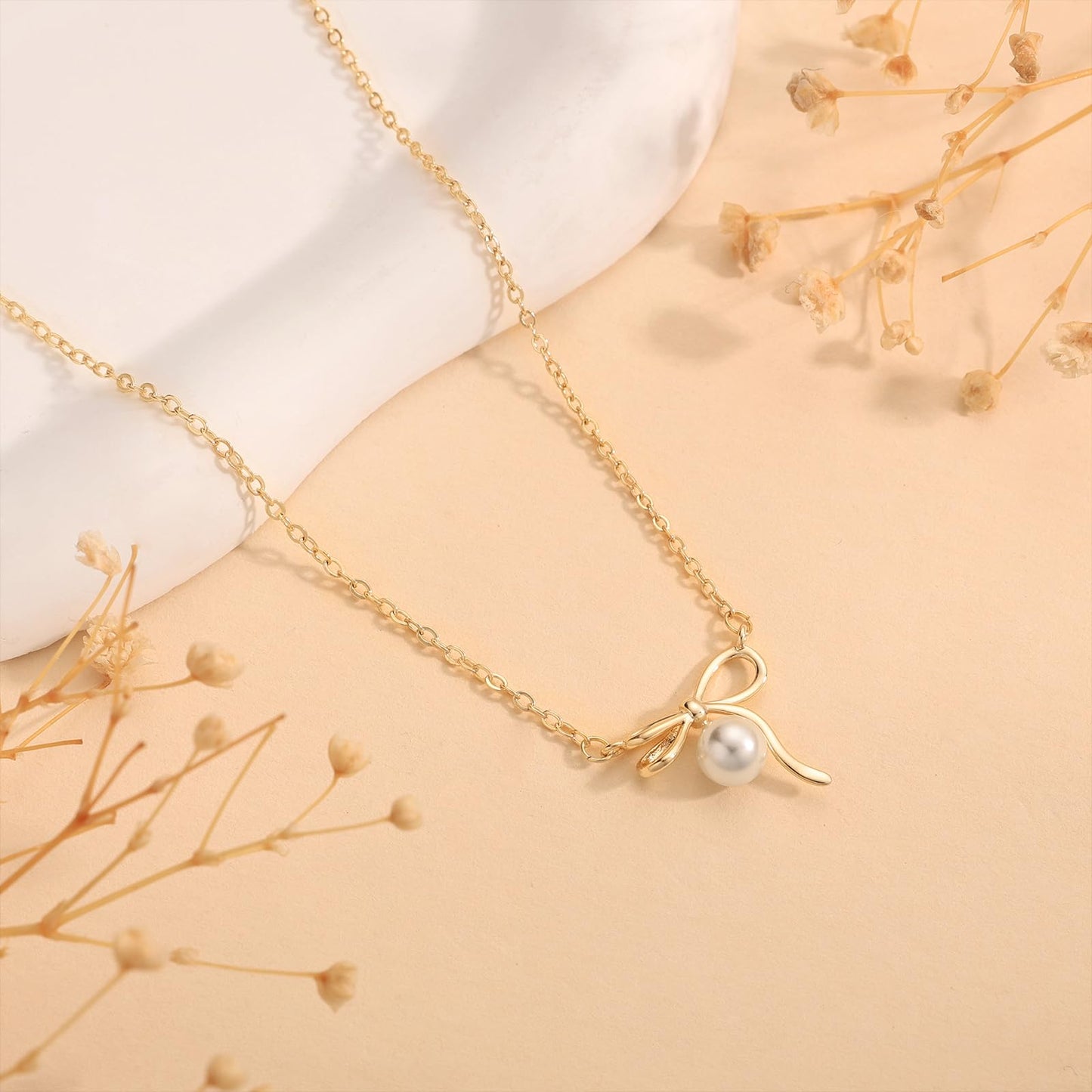 Poaiiu 14K Gold Plated Necklace for Women - Bow Necklace Dainty Choker Necklace Cute Small Tiny Beads Chain Pendant Necklaces Fashion Jewelry Gifts
