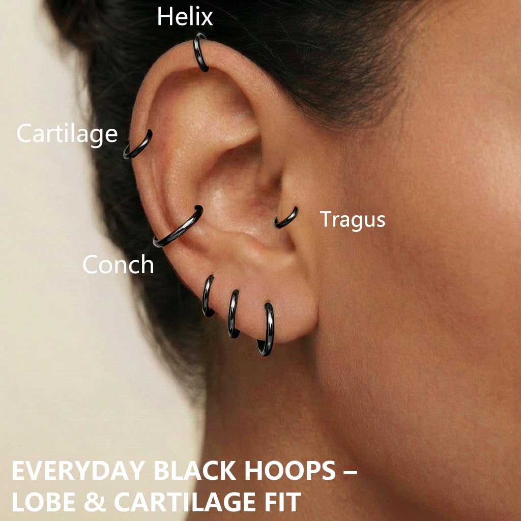 Gokeey Small Gold Huggie Hoop Earrings Set for Women 14K Gold Plated Hypoallergenic Lightweight Earrings for Sensitive Ears Everyday Earrings for Cartilage Piercings (12mm/12mm/12mm/12mm, Black)