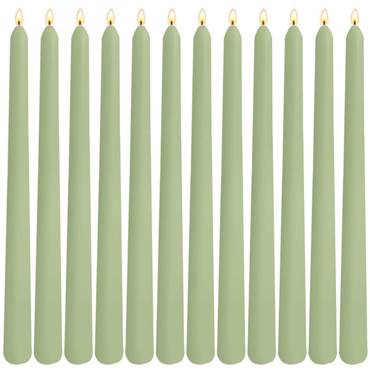 12-Pack Sage Green Taper Candles, 10 Inch Unscented Dripless Candlesticks, Long-Lasting Burn Time of 7-8 Hours, Perfect for Home Décor, Spring and St. Patrick's Day