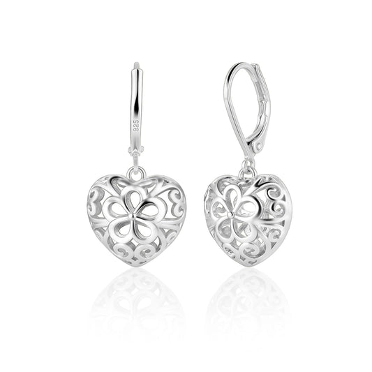 925 Sterling Silver Dangle Heart Earrings for Women Hypoallergenic Filigree Leverback Drop Earrings Jewelry Gifts