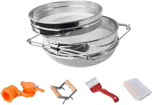 BeeCastle Double Sieve Honey Harvesting Starter Kit| Honey Filters Strainer Stainless Steel Set of 6 -Double Sieve Honey Strainer,Frame Holder,2 Pack of Honey Gate,Uncapping Fork and Honey Filter Bag