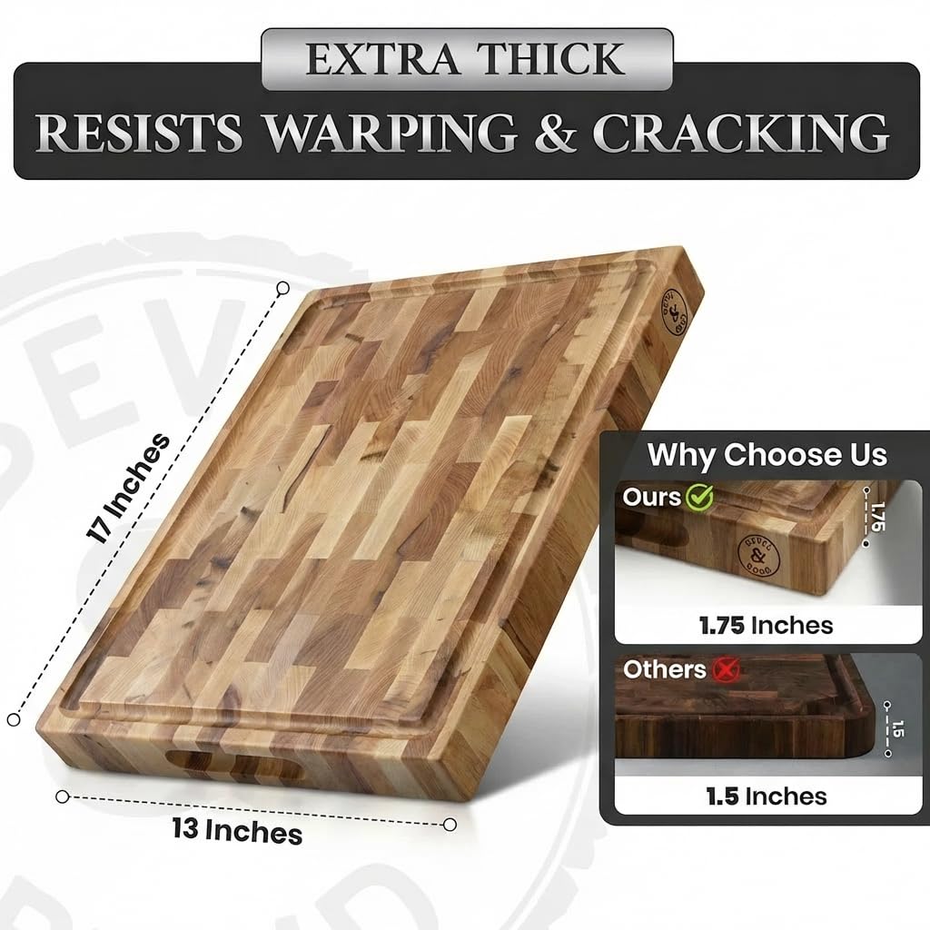 Maple End-Grain Cutting Board – Made in USA – 17” x 13” x 1.75” Thick Butcher Block – Juice Groove, Non-Slip Feet – Food-Safe Mineral Oil Finish – Premium Gift Box