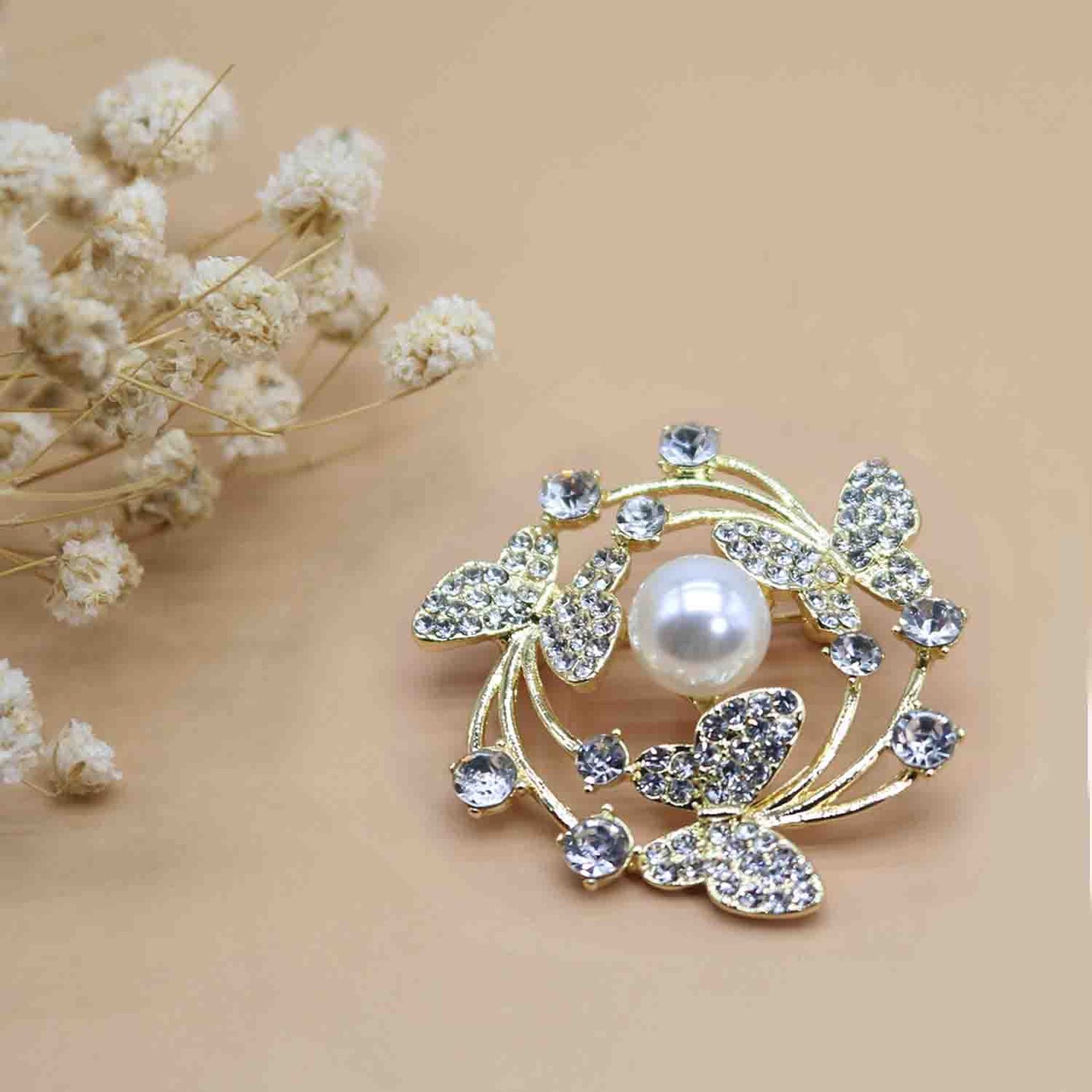 Gold Butterfly Wreath Flower Crystal Brooches Pins Fashion Beautiful Created Rhinestone Pearl Floral Brooch Good Idea for Party Dance Wedding Banquet for Elegant Women Girl (Butterfly Wreath)