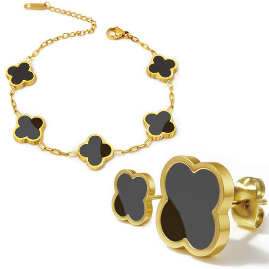 Aimétte Monette 18K Gold Plated Jewelry Set, Clover Bracelets and Stud Earrings Set Women's Hypoallergenic Black Gold Lucky Clover Bracelet Fashion Gifts for Women Trendy