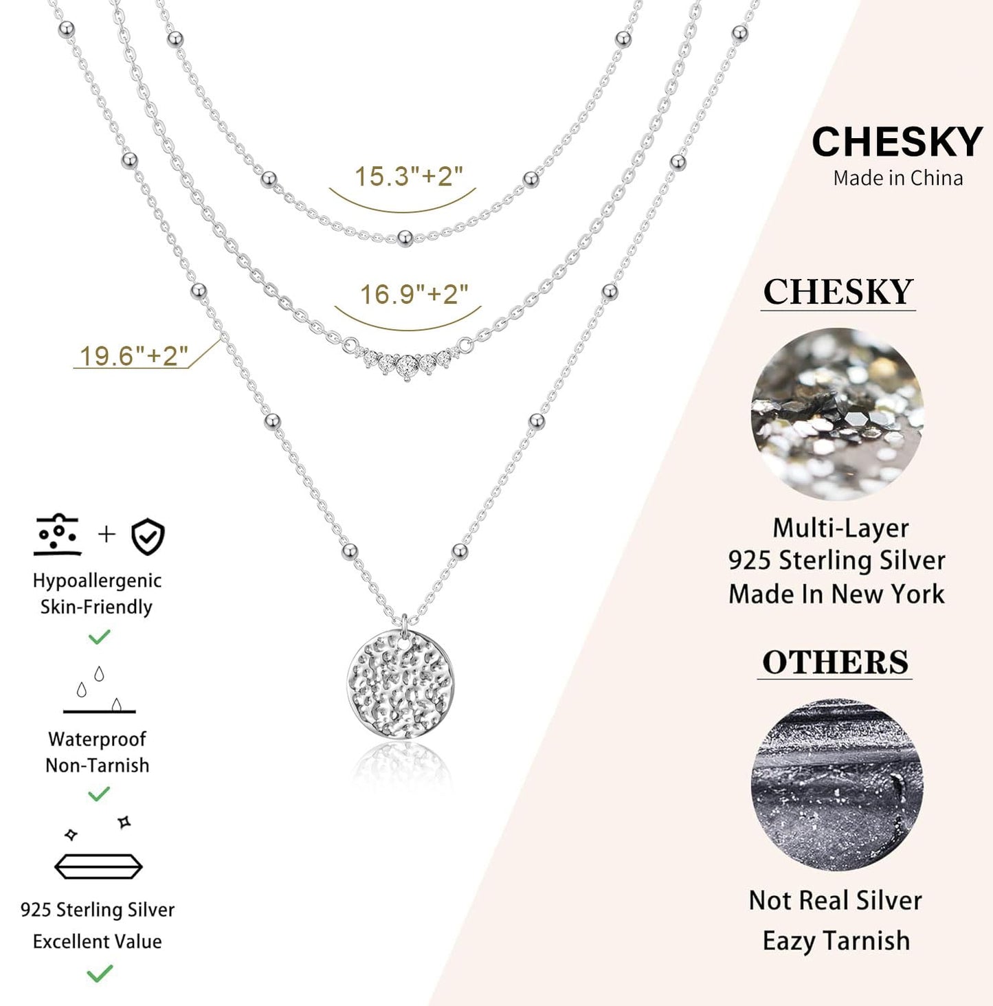 CHESKY Layered Silver Necklace for Women Trendy, Silver Plated Dainty Stackable Charm Necklaces for Womens Layering Beads Chain Diamond Pendant Necklaces Stack Jewelry Set for Women Gifts