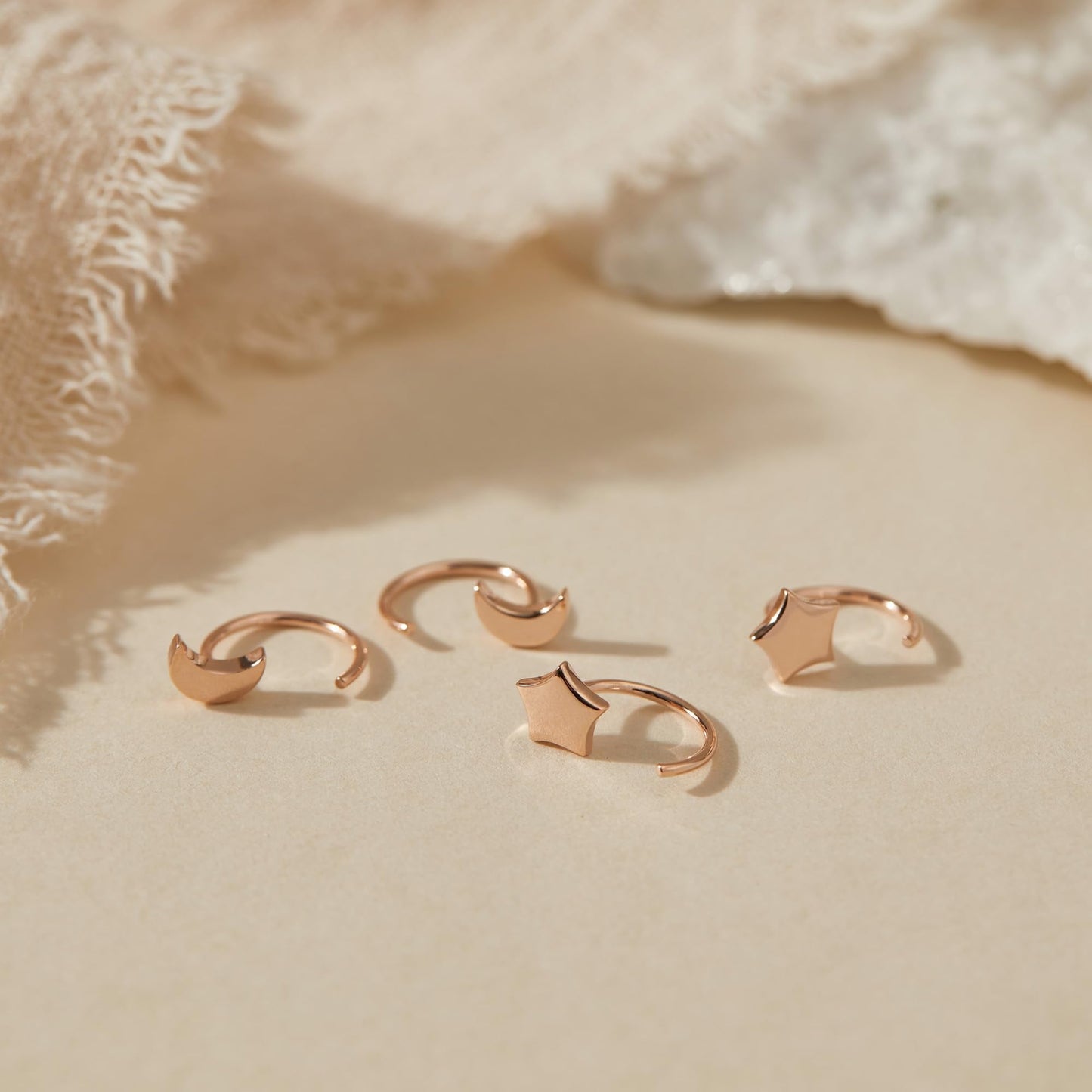 Half Hoop Earrings 18K Rose Gold Plated 925 Sterling Silver Moon Star Half Hoop Earrings Crescent Moon Open Huggie Hoops Little Huggy Earrings for Women 2 Pairs