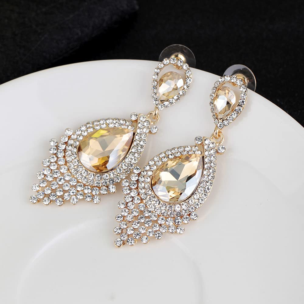 JWICOS Bridal Wedding Earrings for Women Brides Crystal Rhinestones Dangle Teardrop Chandelier Earrings for Prom or Pageant (champagne)