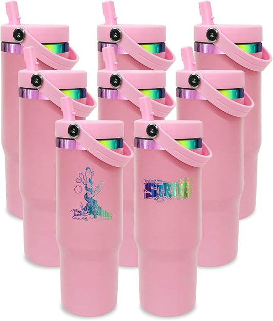 30 oz Tumbler Bulk with Handle and Straw, Vacuum Insulated Tumblers with Flip Straw and Top Handle, Leakproof Powder Coated Tumbler, Stainless Steel Travel Mug for Coffee Water (Pink, 8 Pack)