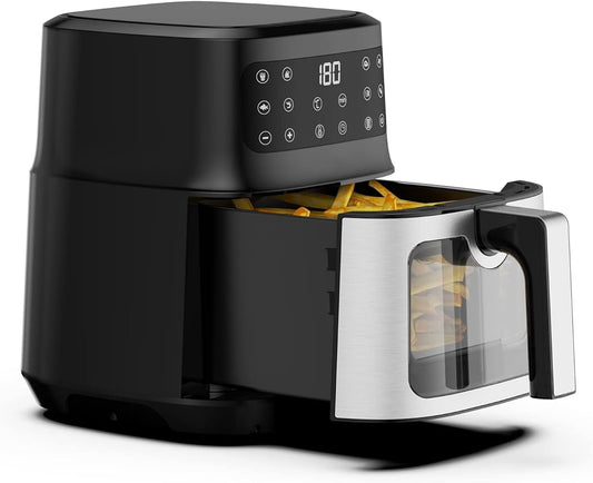 Air Fryer, 6 QT Camping Air Fryers Portable with 50 Recipes, One Touch Setting with 11 Cooking Functions and Voice Reminder, Dishwasher Safe