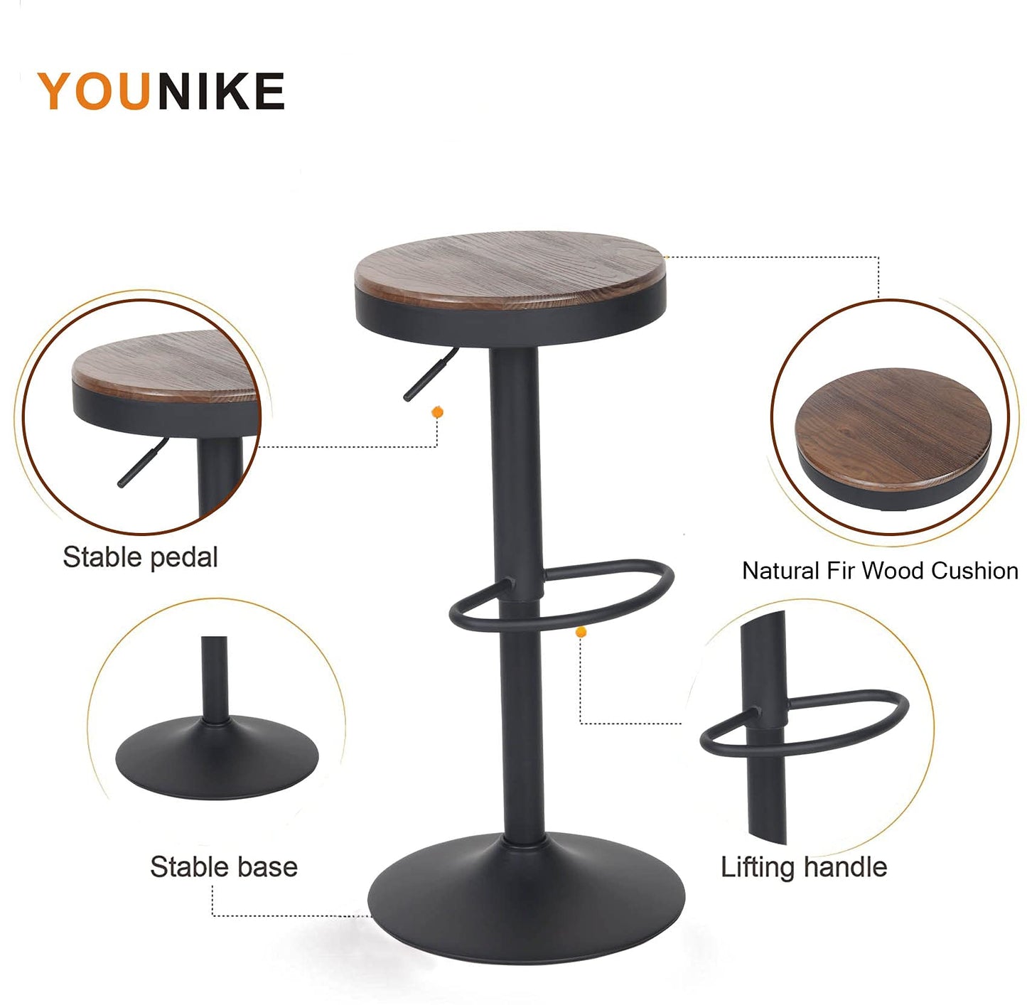 YOUNIKE Bar stools Wooden Barstools Vintage Rustic Counter Height bar Stool,Height Adjustable bar Chairs Swivel with Footrest,Cafe Kitchen Garden(Set of 2,Walnut)