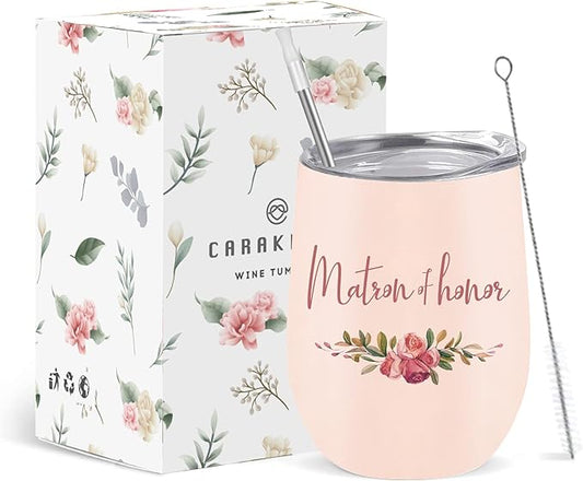 CARAKNOTS Matron of Honor Gifts Bridesmaid Tumbler Bridesmaid Proposal Gifts Wedding Wine Tumbler for Engagement Bachelorette Party Pink Stainless Steel Tumblers with Lid and Straw 12 oz