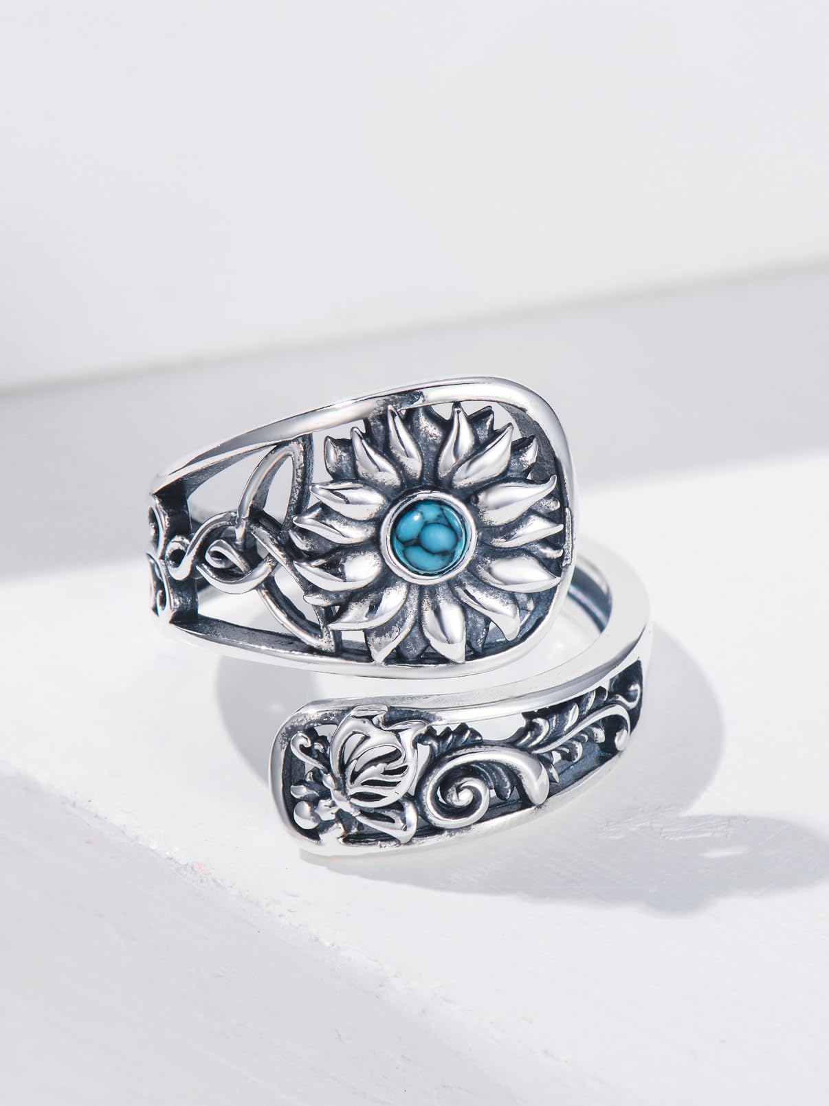 Midari Sterling Silver Sunflower Turquoise Adjustable Ring - You Are My Sunshine - Women's Sunflower Jewelry - Perfect for Christmas or Birthday Gifts