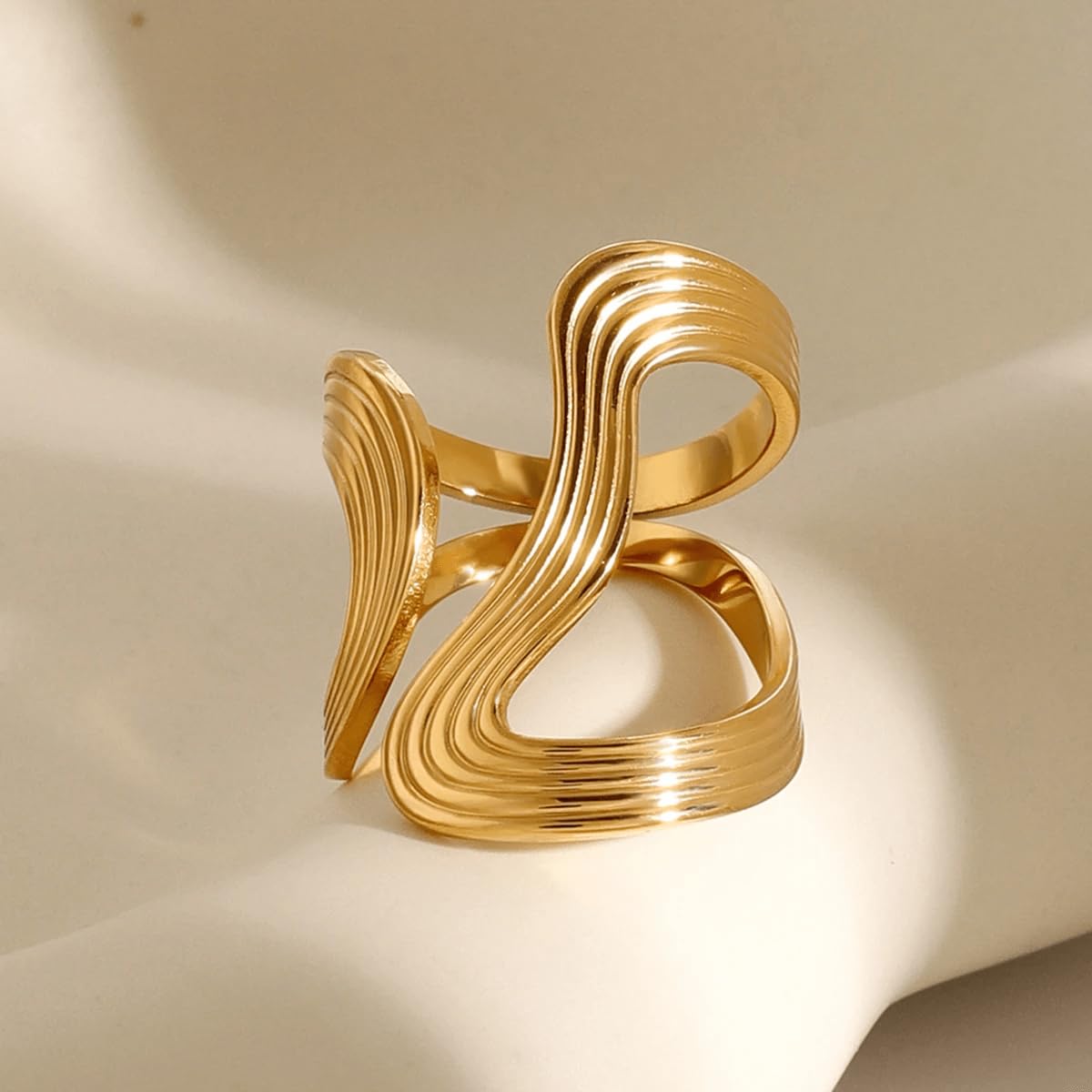 AIETUE Chunky Rings For Women, Gold Silver Thumb Ring Asymmetrical Wavy Curve Ring Adjustable Non Tarnish Dainty Stainless Steel New Year Anniversary Birthday Jewelry Gift (Trendy-Gold)