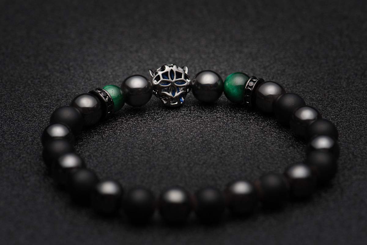Karseer Black Panther Bracelet, Matte Onyx Natural Crystal and Magnetic Hematite Stone Beaded Elastic Bracelet, Handmade Semi-Precious Stone Jewelry Gift for Men and Women