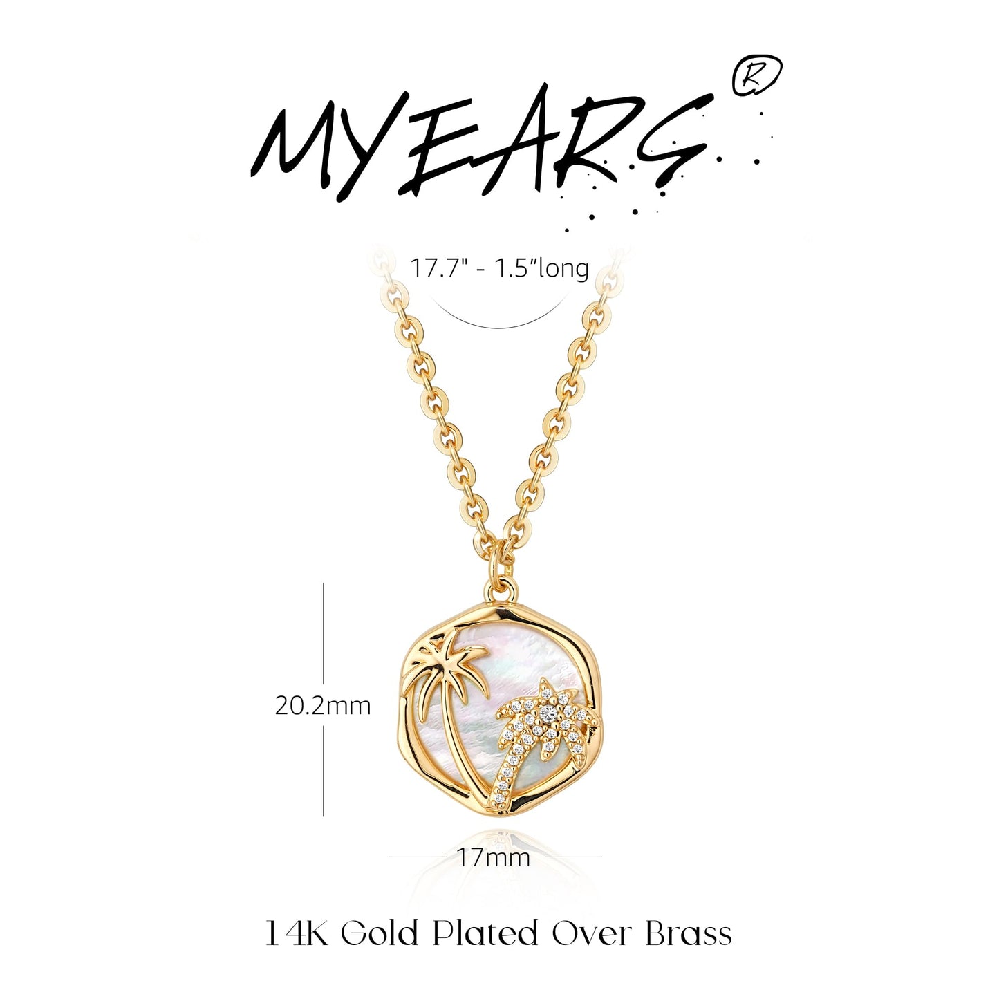 MYEARS Women Gold Necklace Coconut Tree Coin Pendant White Mother of Pearl Cubic Zirconia 14K Simple Dainty Thick Chain Everyday Summer Beach Jewelry