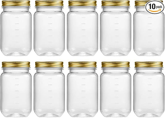 novelinks 16 oz Clear Plastic Jars with Lids, Refillable 16oz Mason Jars with Lids & Storage Containers for Kitchen & Household Use (10 Pack,Gold)