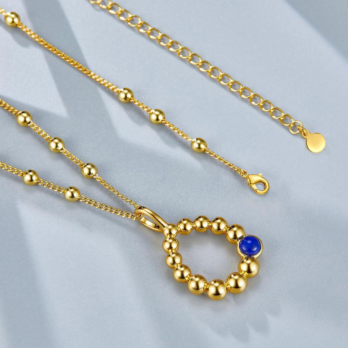 NUZON 18K Gold Plated Hollow Teardrop Pendant Necklace for Women Lapis Lazuli Gemstone Water Drop Charm Gold Beaded Chain Minimalist Jewelry for Her 18’’