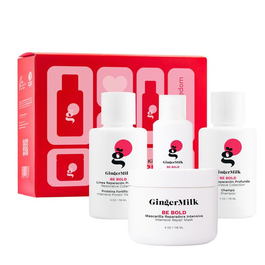 GINGER MILK Travel Hair Care Set, Repair for Dry & Chemically Damaged Hair with Shea Butter, Argan Oil, Green Tea & Rice Protein. 4 Products with Travel Bag - TSA-Approved Sizes | Be Bold