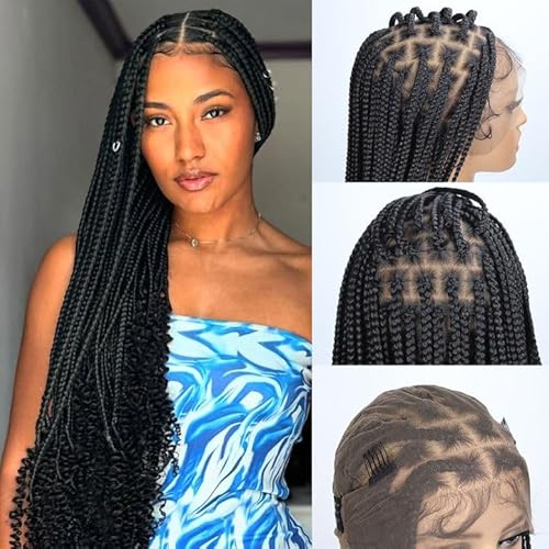 Box Braided Wigs curly ends 32 inch 13X8 Lace Braid Wigs for Black Women Square Knotless Box Braid Wig with Baby Hair Handmade Synthetic Hair Blended Lace Front Wig Natural Black