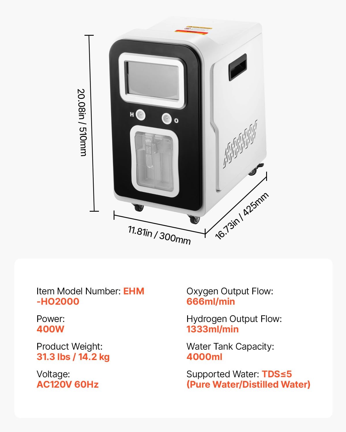 VEVOR Hydrogen Inhalation Machine, 99.99% High Purity Hydrogen Inhaler, HO-Separated 1800ml/min Dual Port Hydrogen Oxygen Inhaler, Hydrogen-Rich Water Generator with Wheels for Home Travel