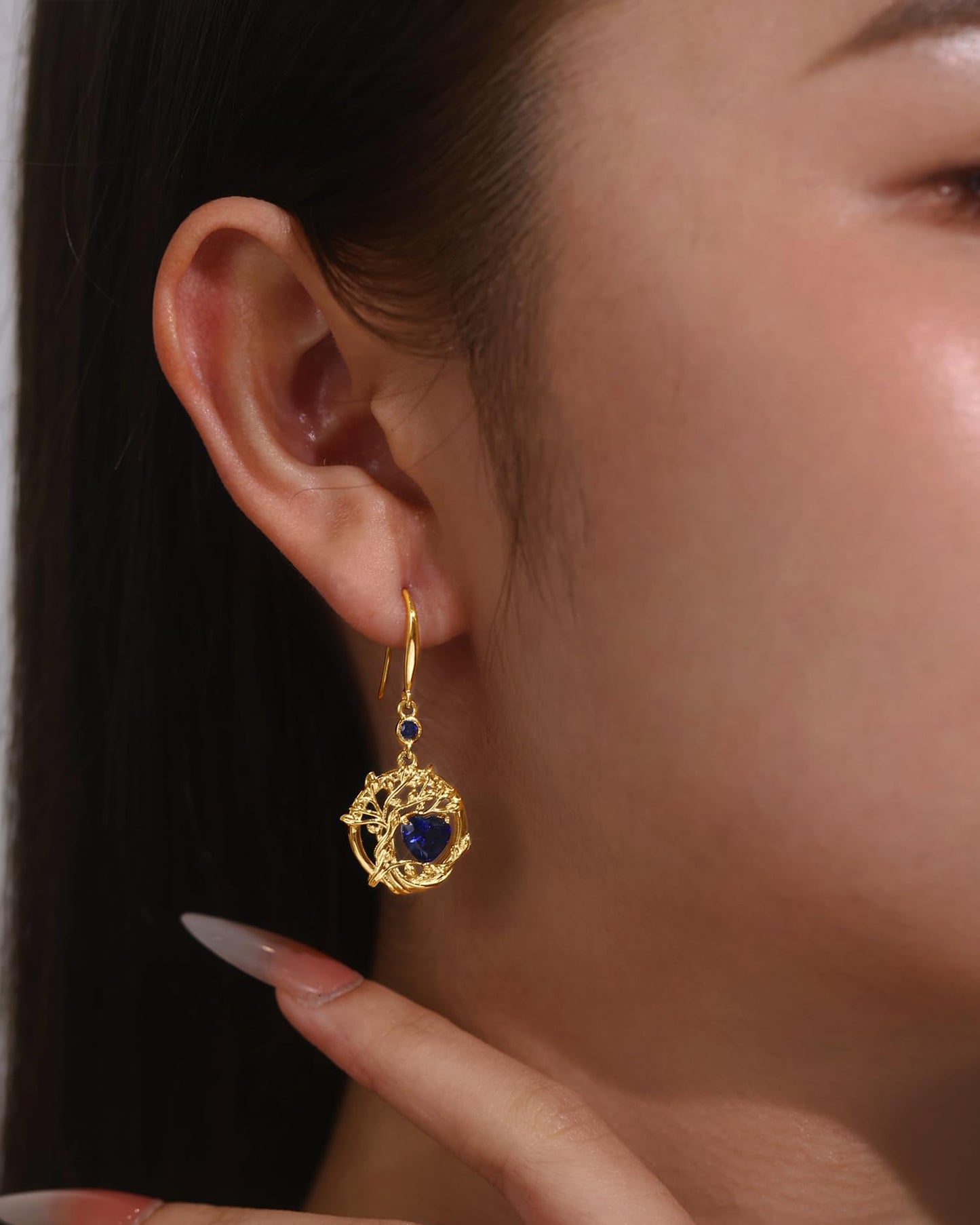 FANCIME Tree of Life Earrings 925 Sterling Silver Yellow Gold Plated Sapphire Dangle Drop Blue Gemstone Earring September Birthstone Fine Jewelry Birthday Mothers Day Gifts for Mom Her Women