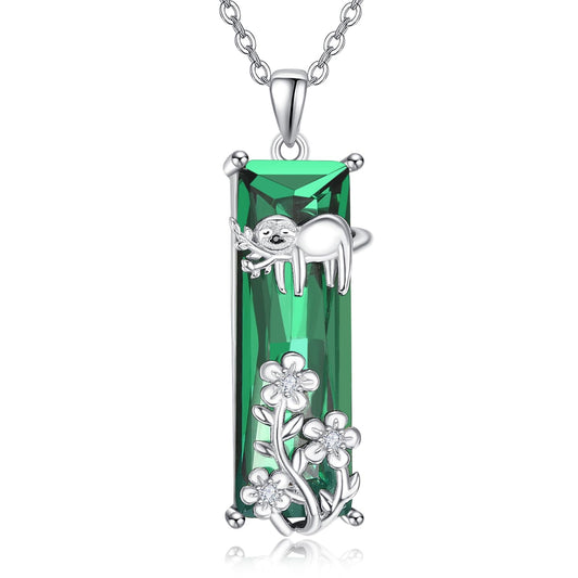 AENEAS Sloth Necklace 925 Sterling Silver Hawaiian Plumeria Flower Green Crystal Sloth Jewelry Gift for Daughter Women Wife