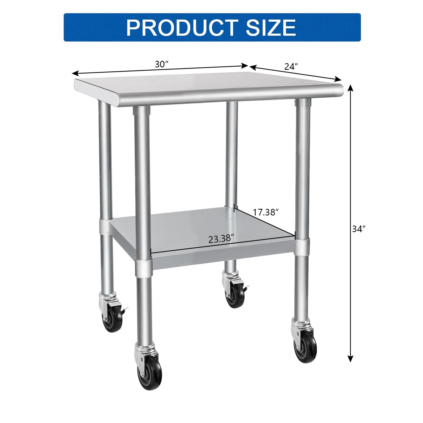 HARDURA Stainless Steel Table with Wheels 24 x 30 Inches Casters NSF Heavy Duty Commercial Work & Prep Table with Undershelf and Galvanized Legs for Restaurant Kitchen Bar and Hotel Garage