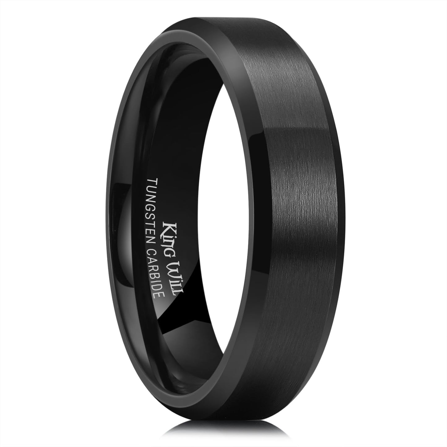 King Will 6mm Men's Black Wedding Ring - Brushed Matte Surface, Beveled Polished Edge, Comfort Fit Size 9