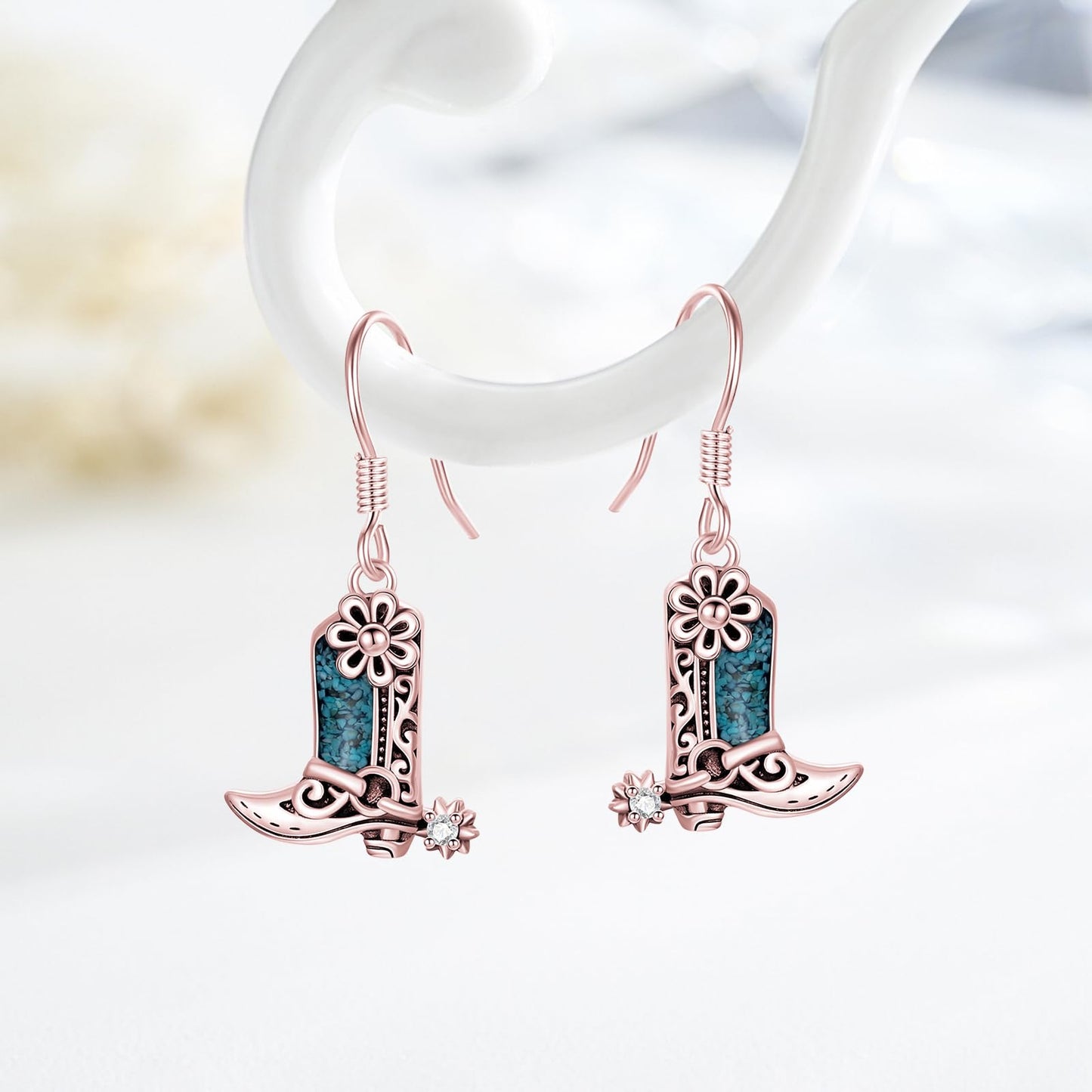 KoyeKei Rose Gold Cowboy Boot Earrings 925 Sterling Silver Pink Cowgirl Texas Boot Dangle Drop Earrings Western Turquoise Jewelry Country Gifts for Women