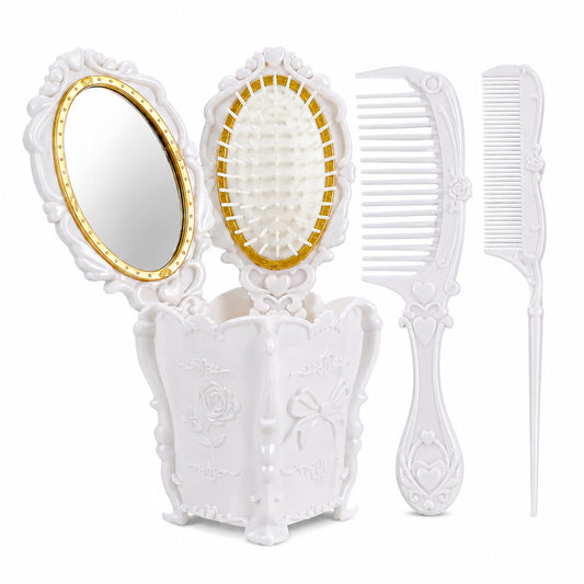 POPETPOP 5 Pcs Hair Brush Comb Set for Women Girls Vintage Vanity Brush with Mirror and Storage Holder for Travel Home Use Detangling Paddle Brushes for Thick, Natural, Thin, Curly