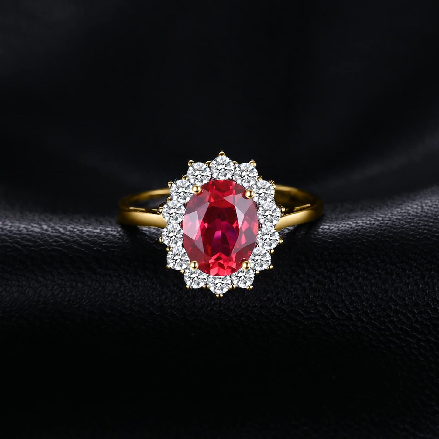 JewelryPalace Princess Diana Kate Middleton Gemstone Birthstone Red Ruby Halo Statement Engagement Rings for Women, 14K Yellow Gold Plated 925 Sterling Silver Promise Rings for Her Size 10.5