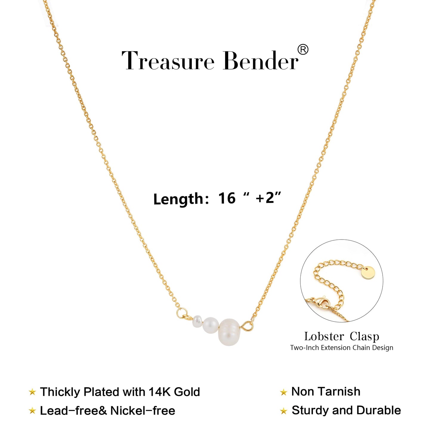 Treasure Bender Pearl Necklaces for Women Trendy, 14k Gold Plated Dainty Necklace Simple Pearl Drop Single Charm Pendant Necklace Birthday Wedding Gifts Gold Jewelry for Women