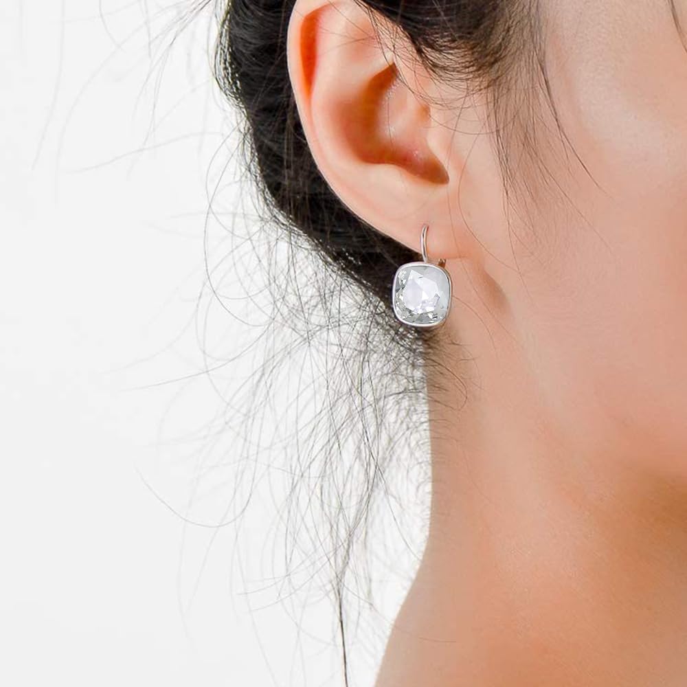 AOBOCO Sterling Silver Leverback Earrings with Crystals, Hypoallergenic Cushion Cut Square Crystal Earrings, Fine Anniversary Birthday Jewelry Gifts for Women, White