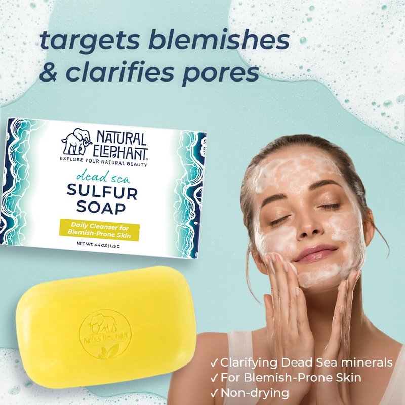 Natural Elephant Dead Sea Sulfur Soap 4.4 oz with Dead Sea Salt, Aloe Vera, Sulphur Face and Body Cleanser Bar for All Skin Types (3 Pack (13.2 oz Total))