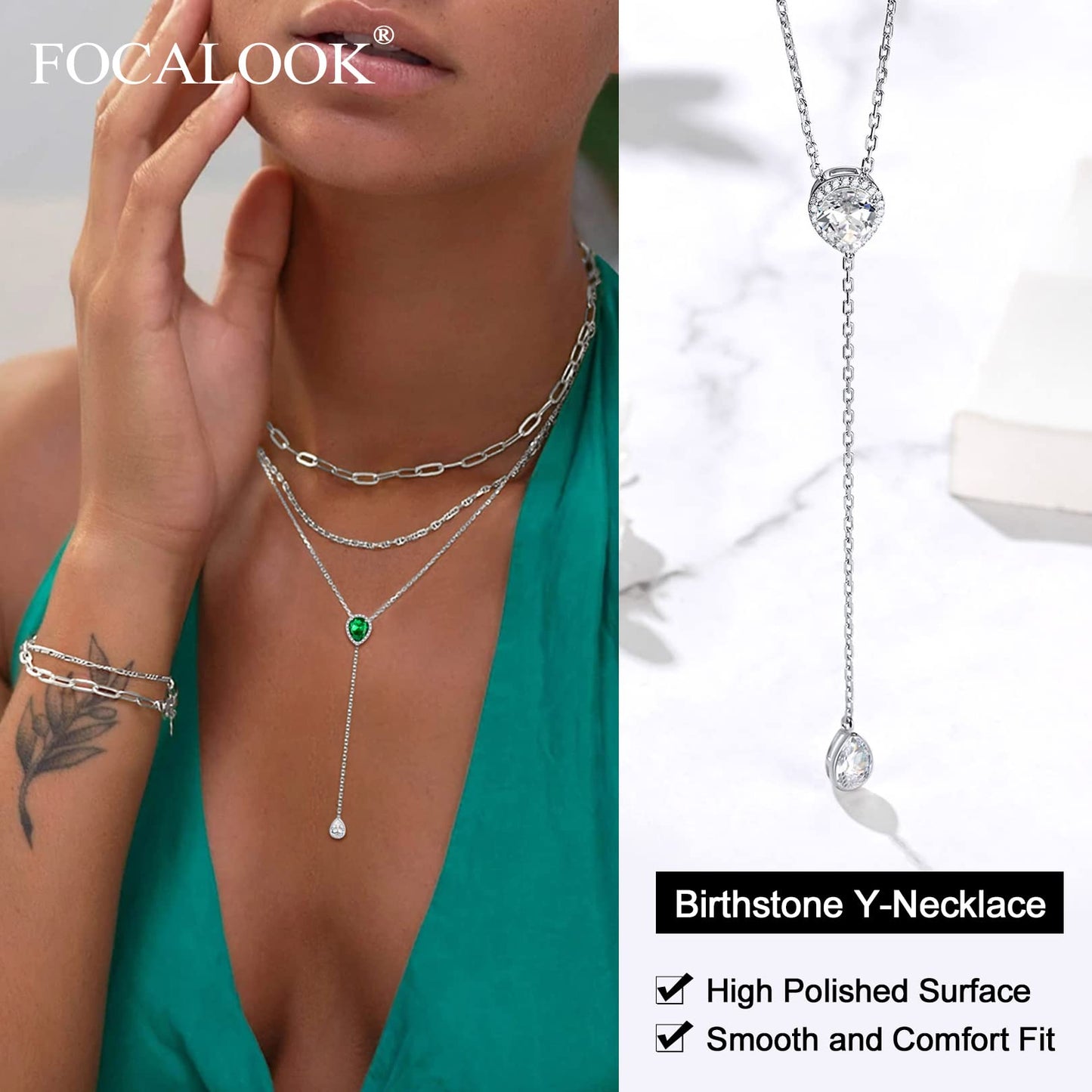 FOCALOOK May Birthstone Necklace for Women Mom 925 Sterling Silver Simulated Emerald Pear Lariat Pendant with Chain Birthday Jewelry