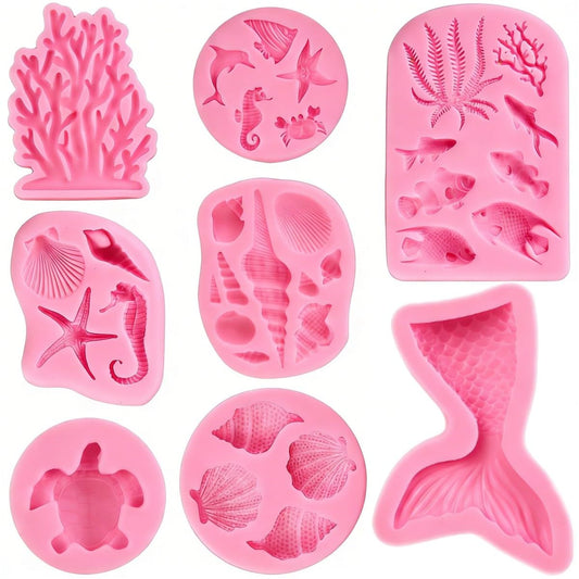 8 PCS Marine Theme Fondant Silicone Mold Seashell Seaweed Sea Fish Coral Conch Sea Turtle Shape DIY Handmade Baking Tools for Cake Cookie Chocolate Candy Decoration Crafts Polymer Clay