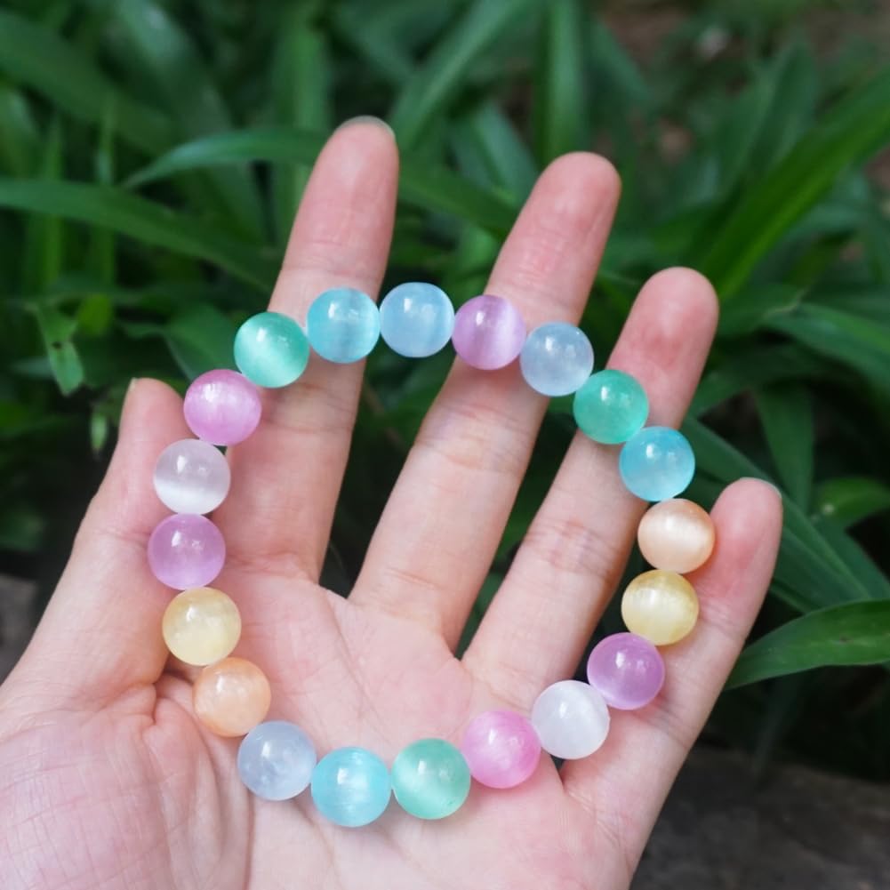 TaHLga 10mm Rainbow Selenite Bracelet - Iridescent Natural Crystal | Handmade Meditation Bracelet with Cat-Eye Effect | Come with Beading Tool Kit - Adjustable to 6.5-8 inches Wrist Size