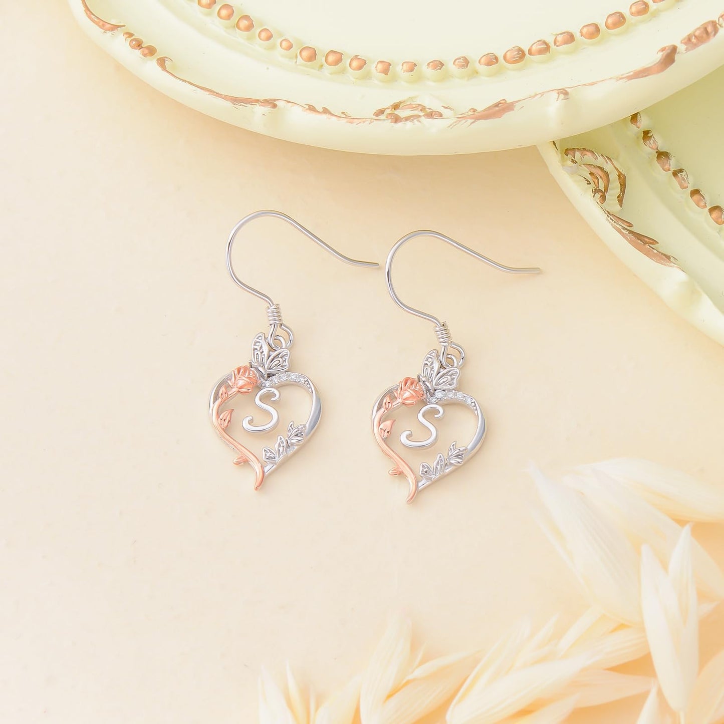 TOUPOP Rose Heart Initial Earrings Sterling Silver Butterfly Earring Initial S Letter Drop Dangle Earrings Jewelry Anniversary Birthday Mothers Day Gifts for Women Mom Wife Girlfriend Her