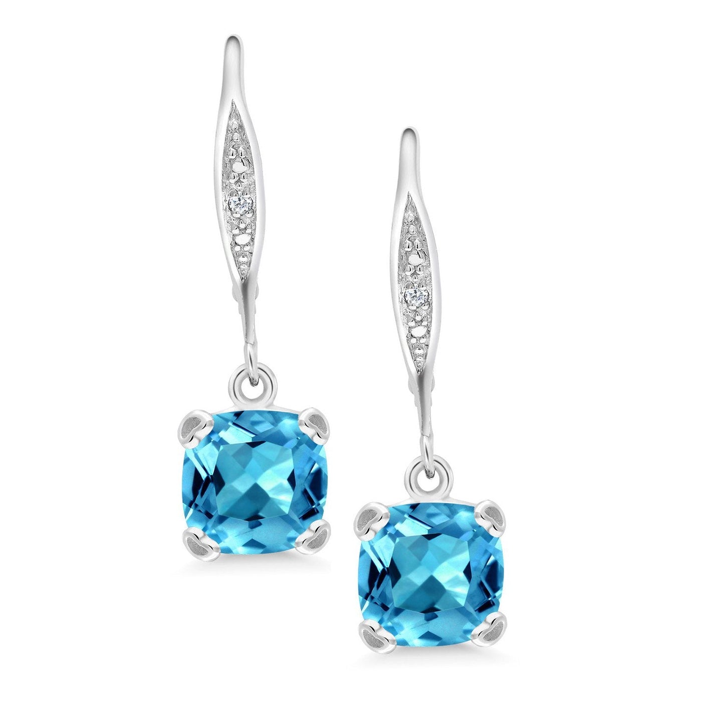 Gem Stone King Drop Dangle Earrings For Women | 7MM Cushion Cut Gemstone Birthstone and Diamond | 925 Sterling Silver | Jewelry Gift for Mom Wife Her | Swiss Blue Topaz-November | Sterling Silver