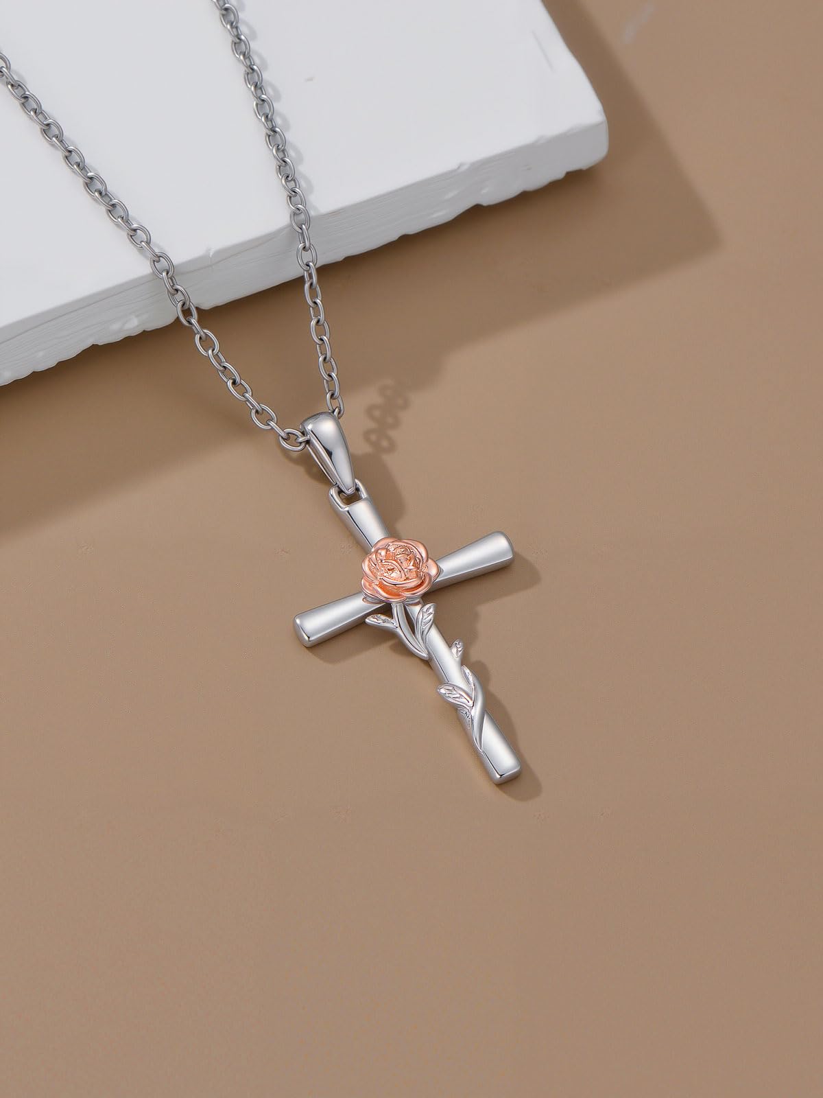 Cargari Rose Necklace for Women 925 Sterling Silver Rose Cross Pendant Birth Flower Cross Jewelry Floral Gifts for Women