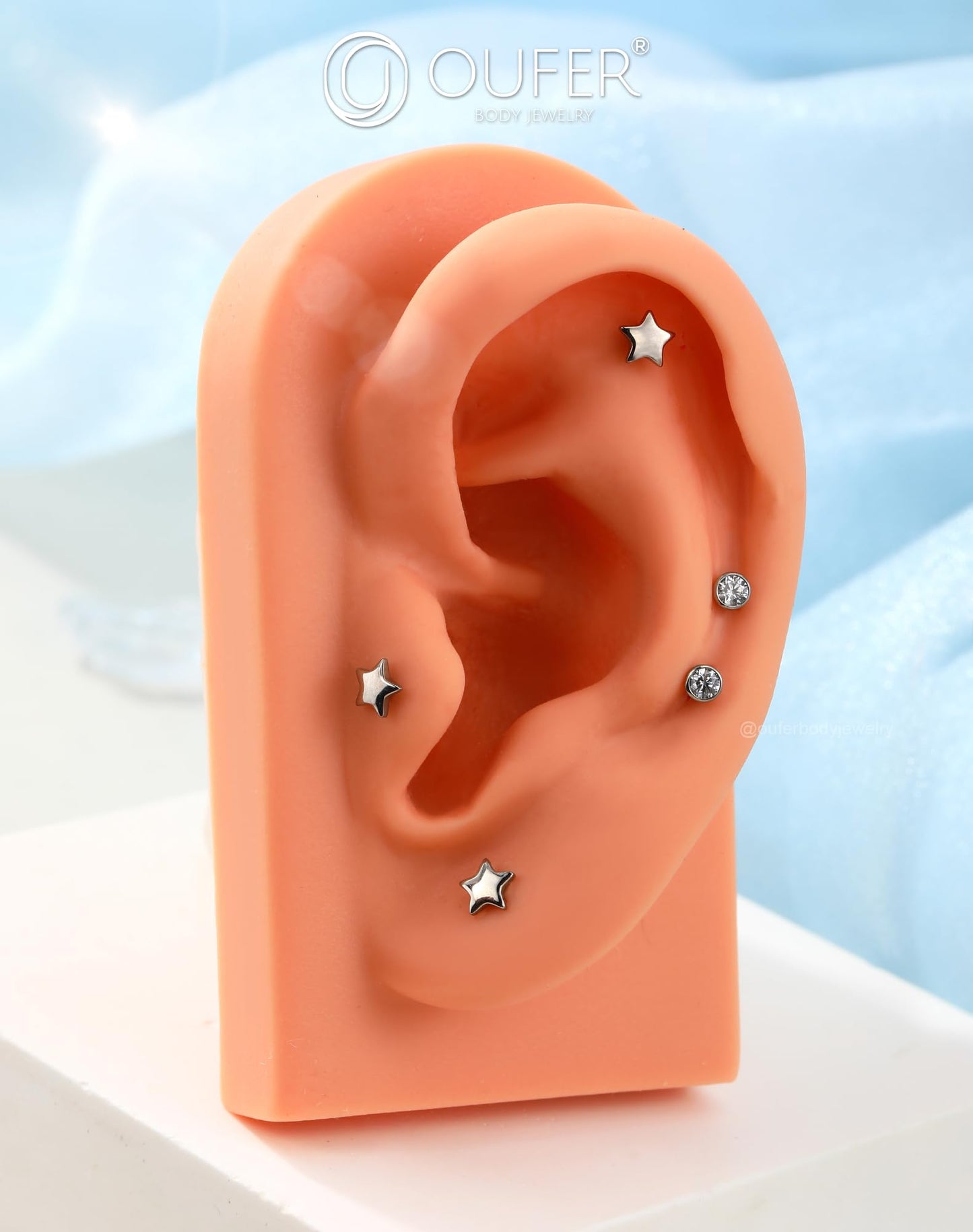 OUFER 2Pcs Tragus Piercing Jewelry, 16G G23 Solid Titanium Threadless Stud Earrings Flat Back Star Shaped 3MM CZ Silver Helix Cartilage Conch Tragus Earrings for Women Men-8MM