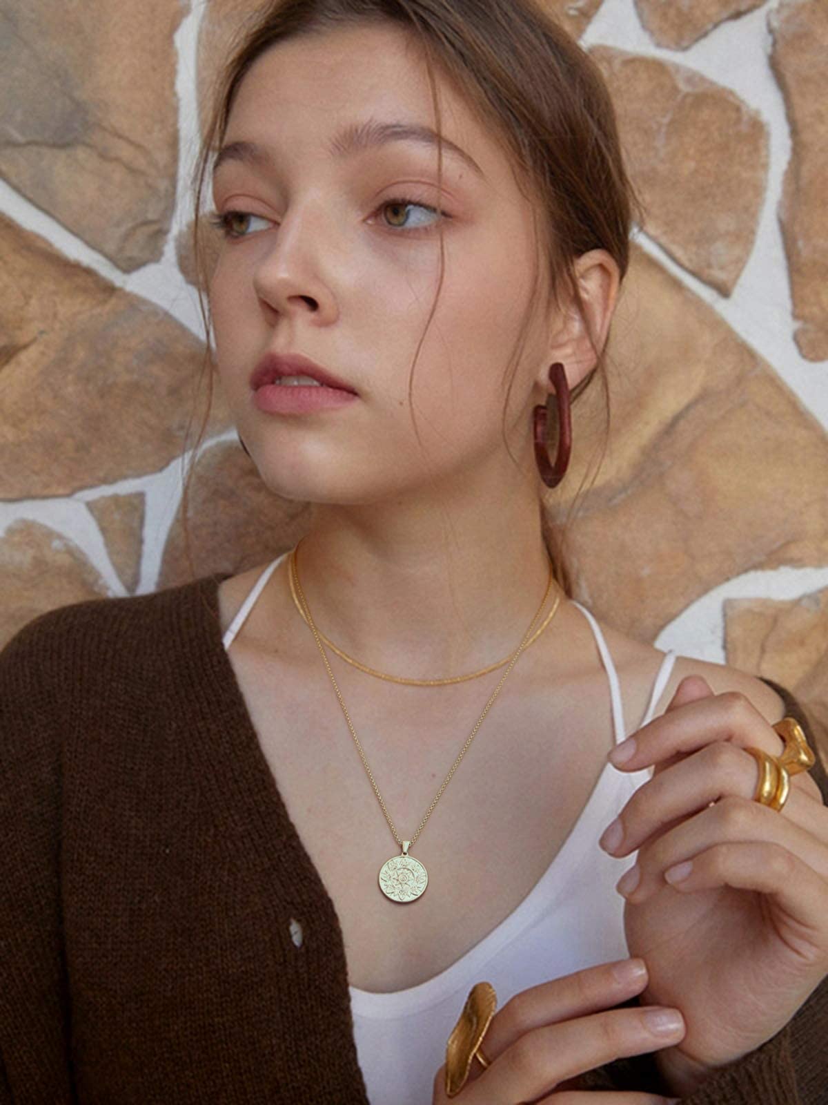 CANEVINKA 18K Gold Plate Compass Pendant Necklace for Women Dainty Sunflower Coin Necklaces Personalized Chain Layered Jewelry 18”/20”