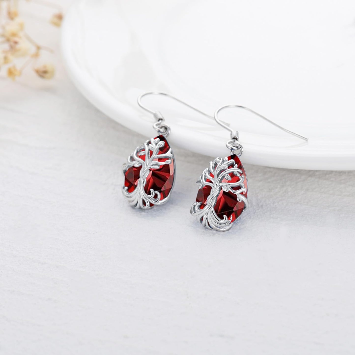 TOUPOP Garnet Tree of Life Earrings Sterling Silver Teardrop January Birthstone Earrings Family Tree Garnet Jewelry Birthday Mothers Day Gifts for Women Mom Her