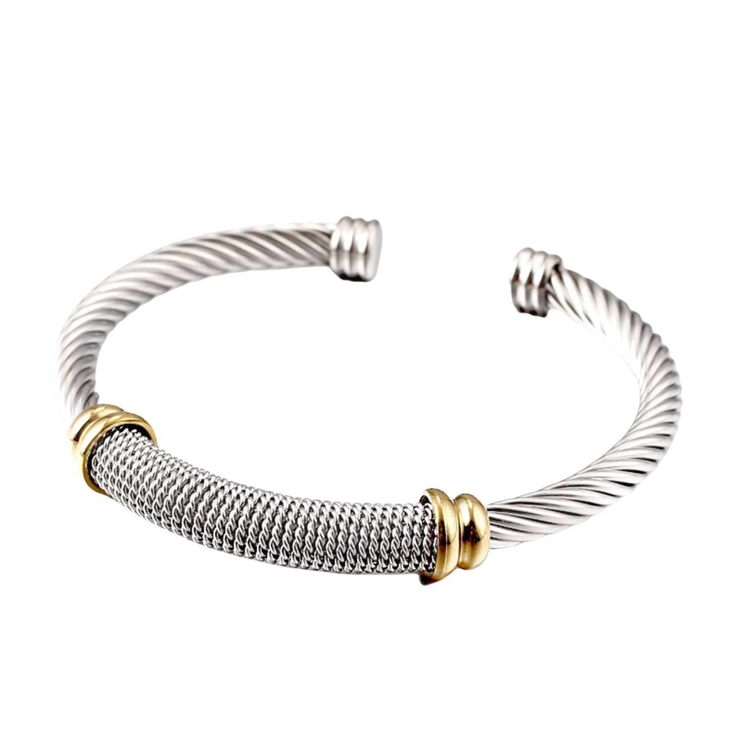 MENGSHA Punk Silver & Gold Twisted Cable Cuff Bracelet for Men/Women Durable Stainless Steel Chunky Bangle Bracelet Adjustable Opening,Daily Wear & Outdoor Adventure Unisex Jewelry Gift for Him/Her