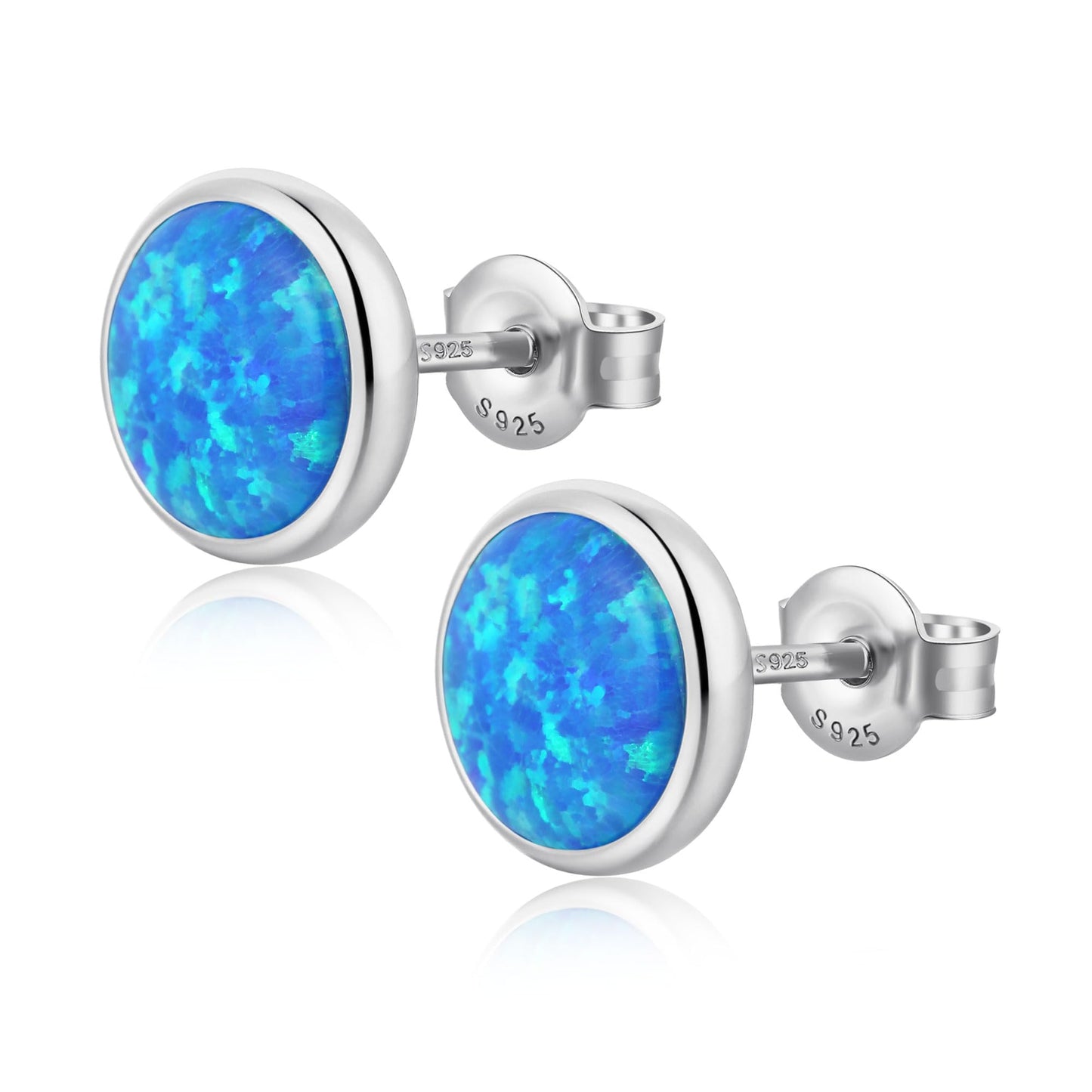 JiayangJY Silver Blue Fire Opal Stud Earrings for Women 18K White Gold Plated Sterling Silver Round Shape 8mm Opal Earrings with Push Back
