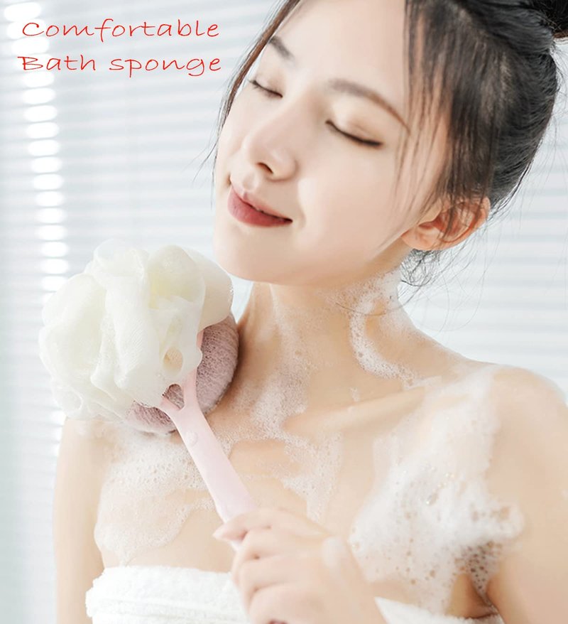 AARainbow 2 Packs Shower Body Brush with Bristles and Loofah, Back Scrubber Mesh Sponge with Curved Long Handle for Skin Exfoliating Bath, Massage Bristles Suitable for Men and Women (1Gray+1Pink)