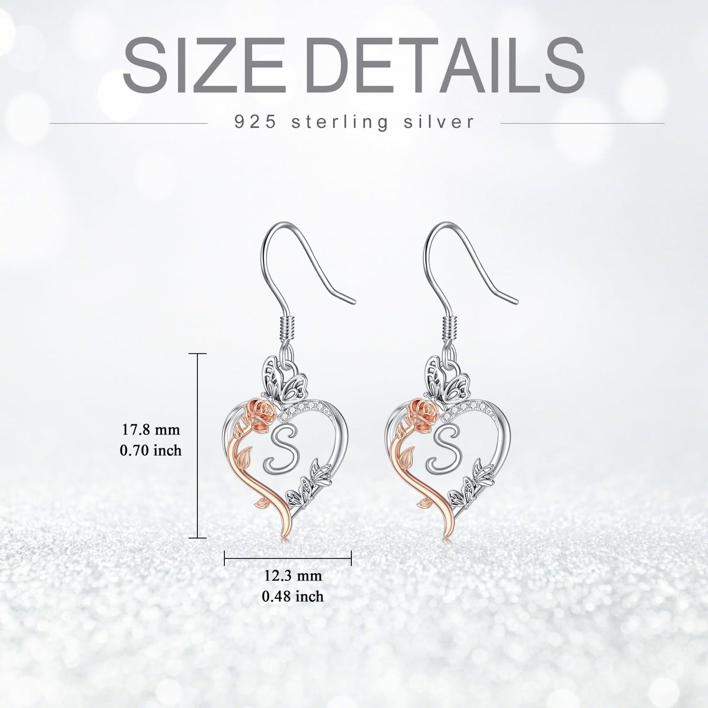 TOUPOP Rose Heart Initial Earrings Sterling Silver Butterfly Earring Initial S Letter Drop Dangle Earrings Jewelry Anniversary Birthday Mothers Day Gifts for Women Mom Wife Girlfriend Her