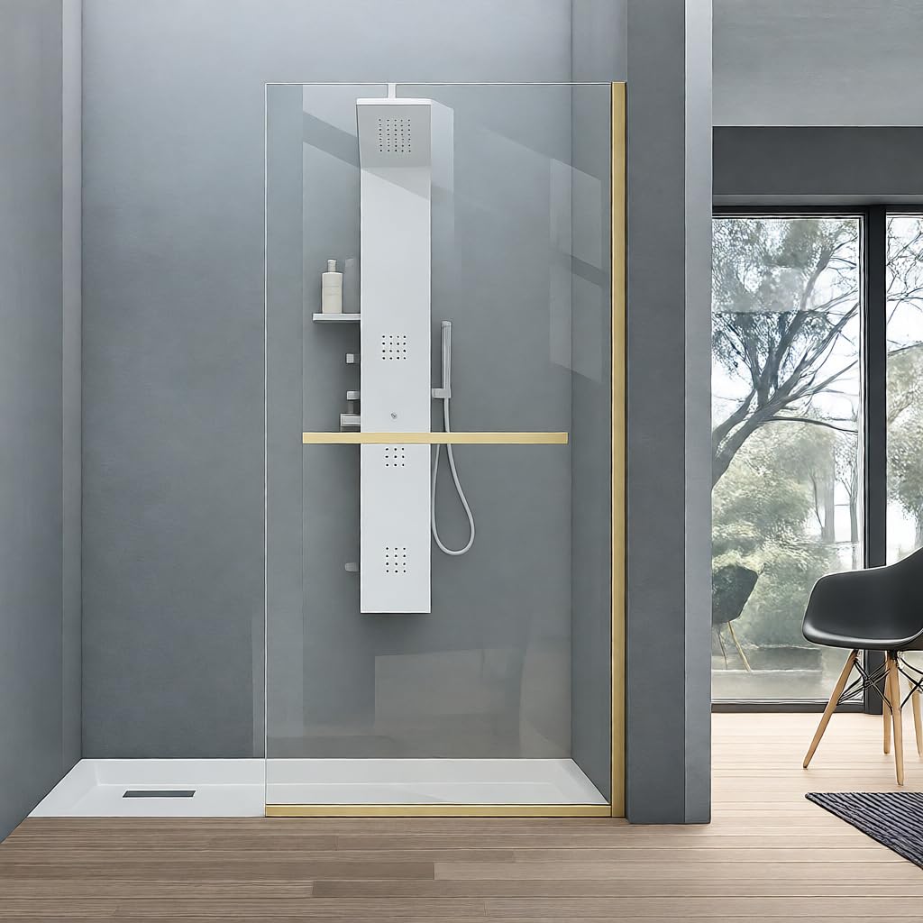AquivaCoast 34" X 72" Semi-Framed Fixed Shower Screen with Handle, 5/16"(8mm) Thick Clear Tempered Glass Shower Panel, Shower Screen for Walk in Shower with Frame Hardware Kit, Brushed Gold